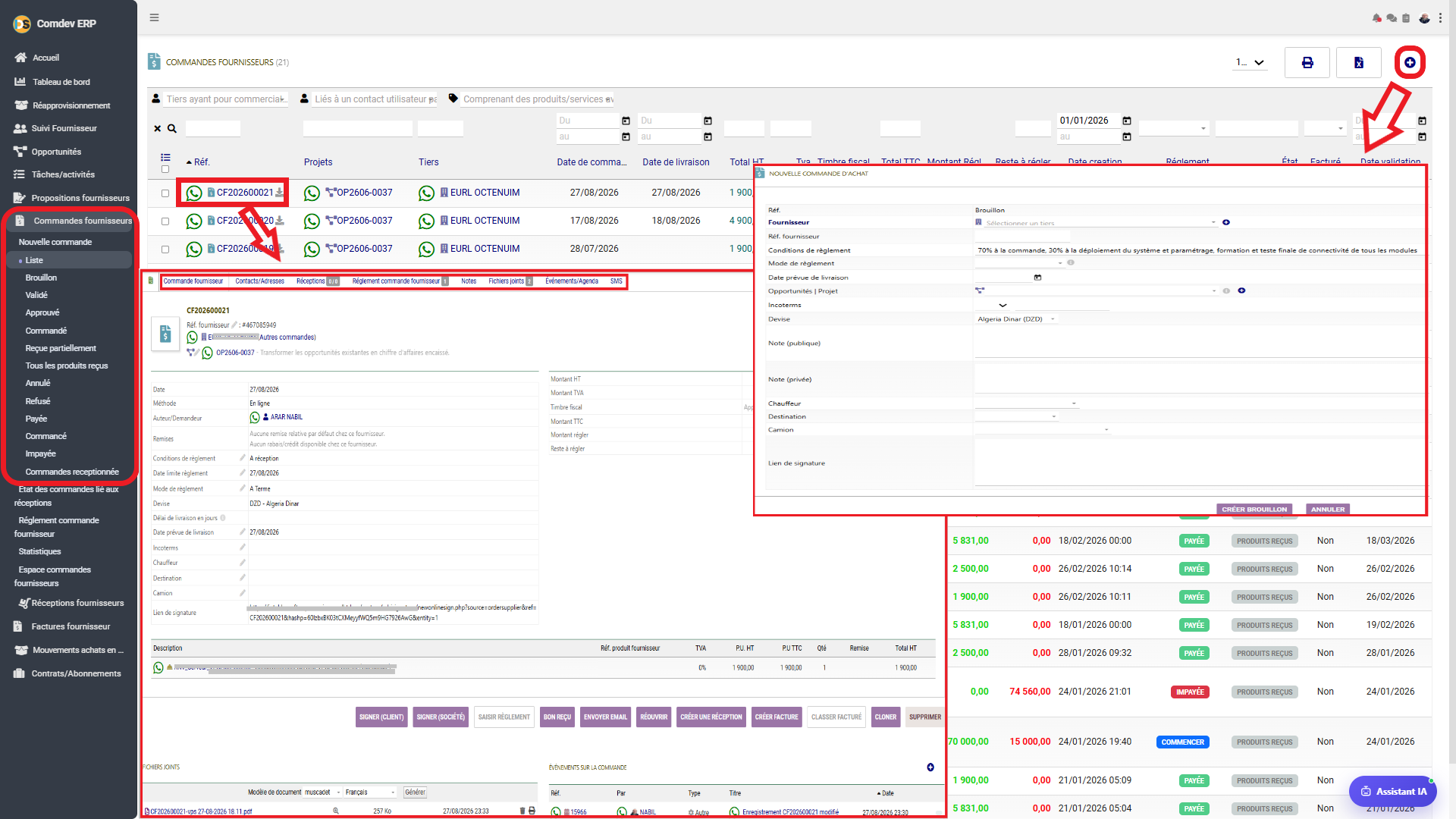 Interface Commandes Fournisseurs Comdev ERP