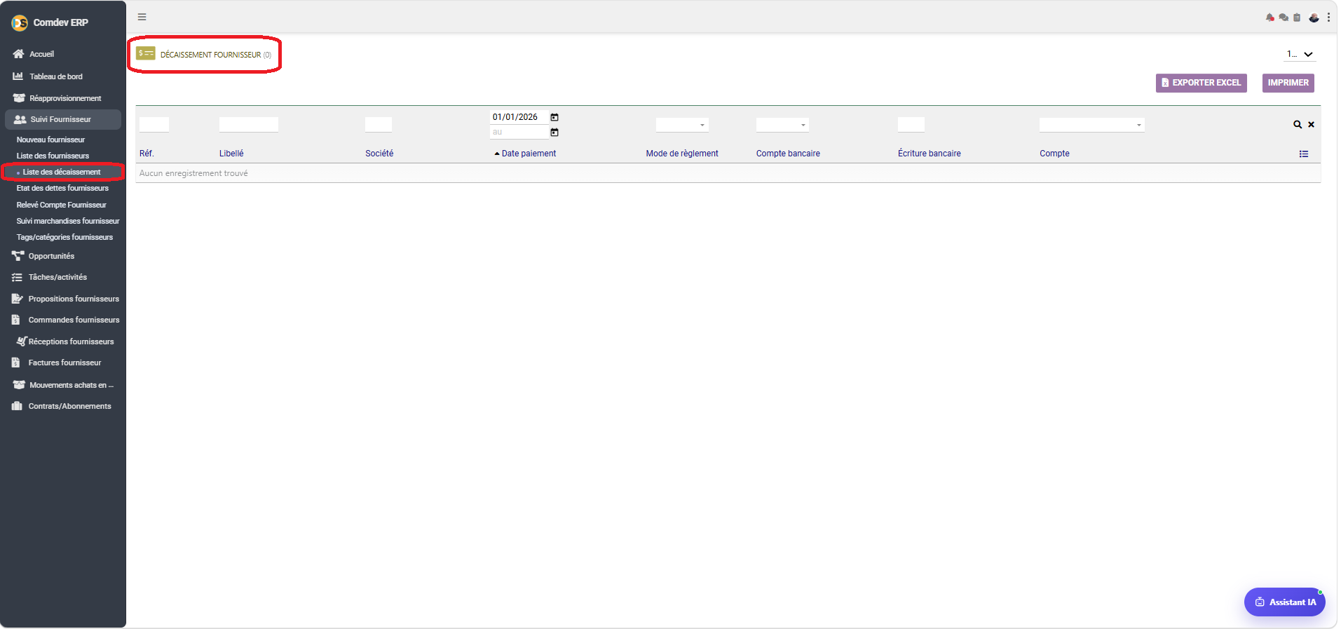 Interface Liste des Décaissements Fournisseurs Comdev ERP
