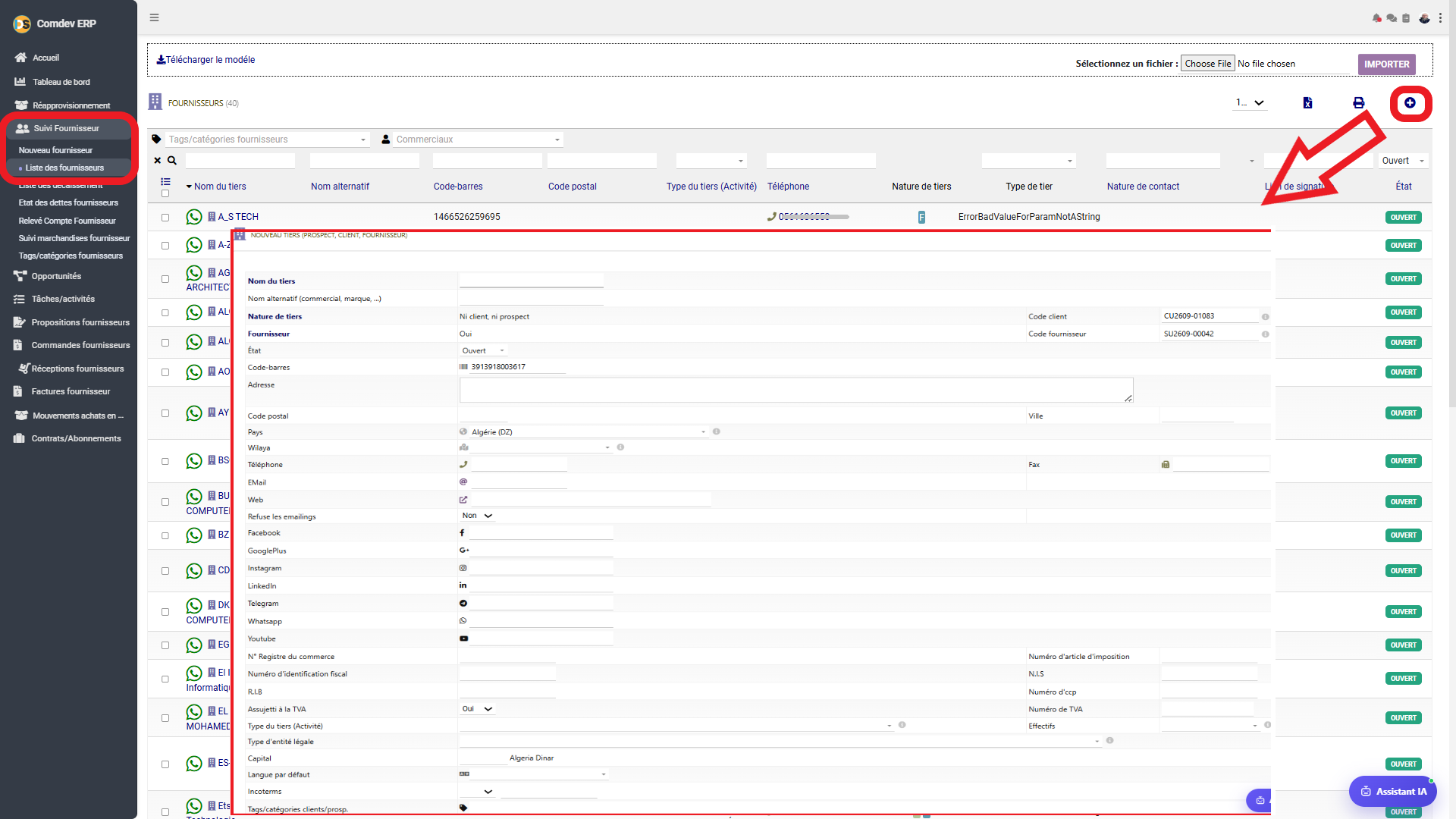 Interface Liste et Nouveau Fournisseur Comdev ERP