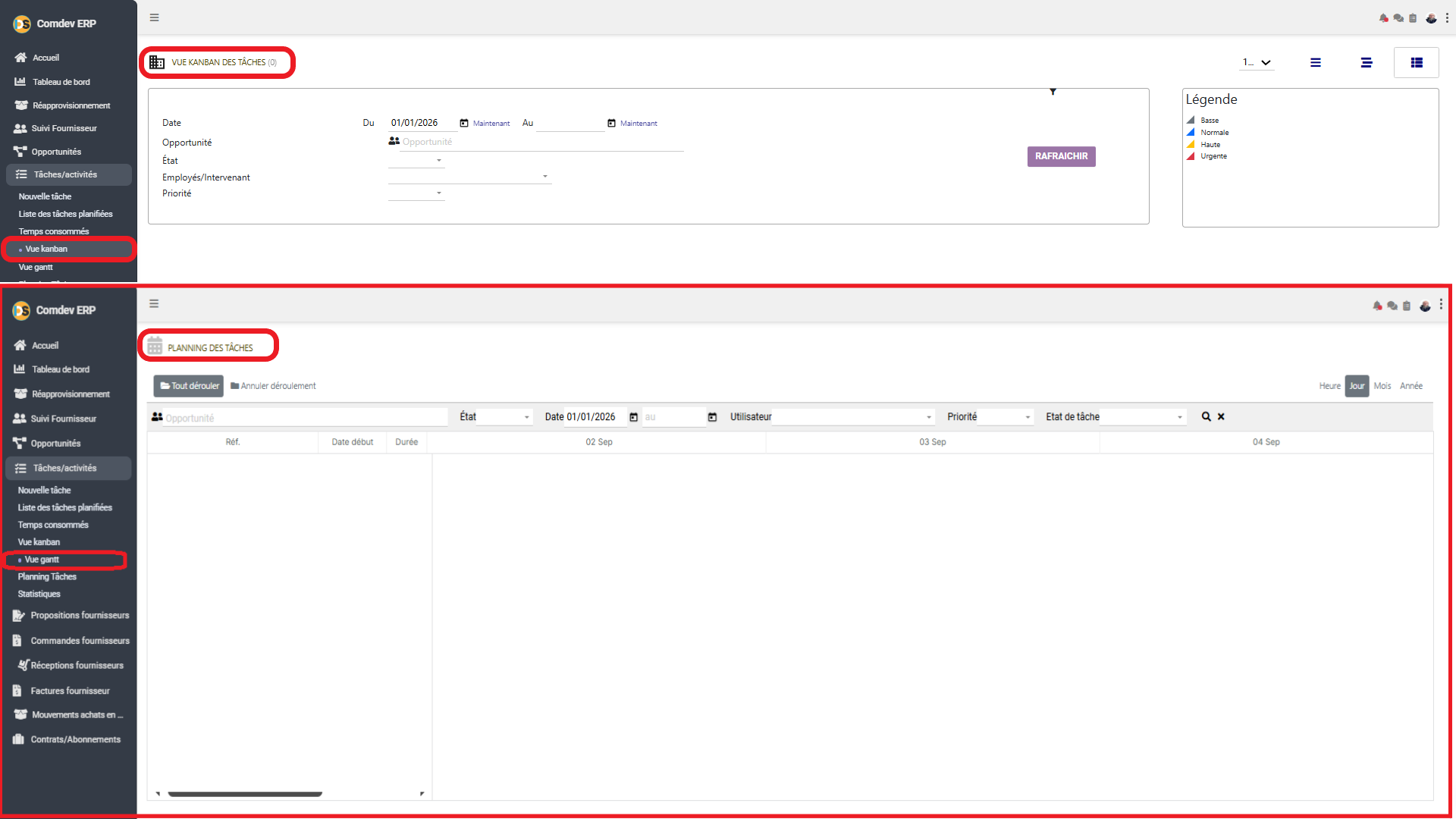Interface Vue Kanban et Vue Gantt Comdev ERP