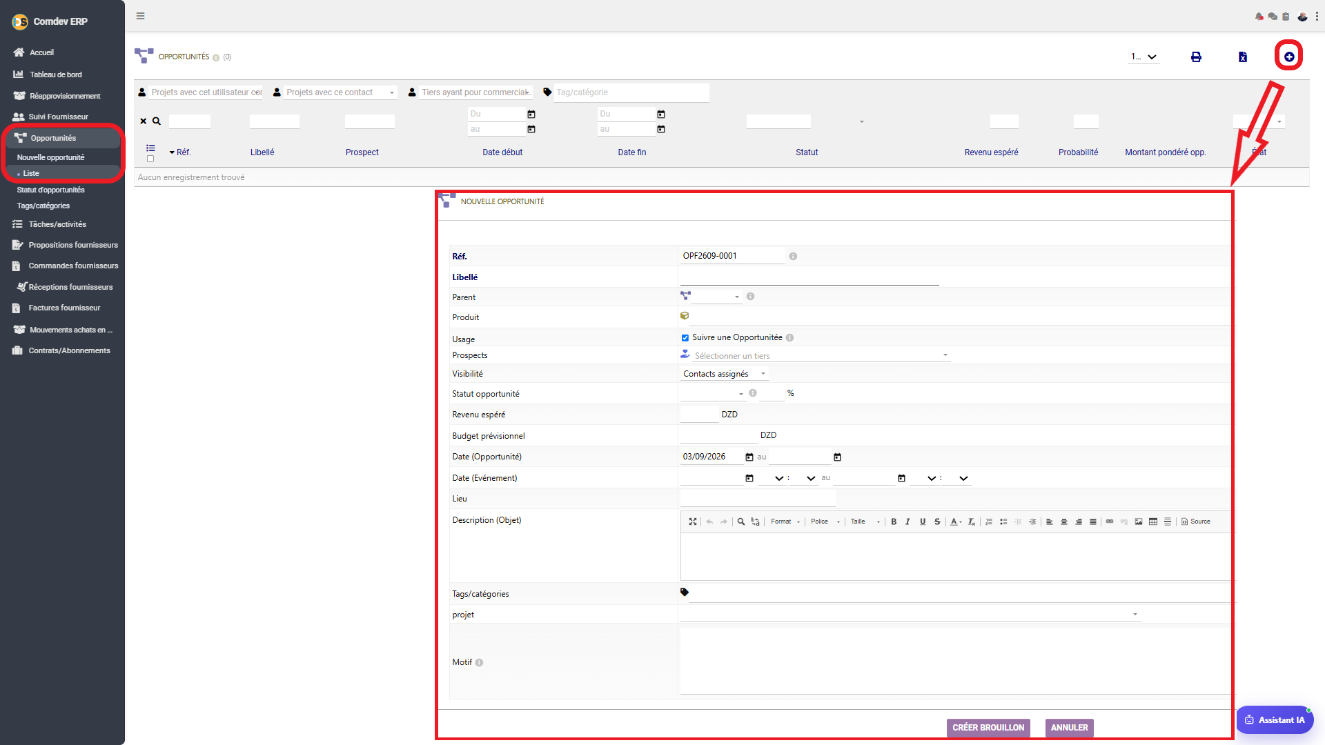 Interface Opportunités et Formulaire Nouvelle Opportunité Comdev ERP