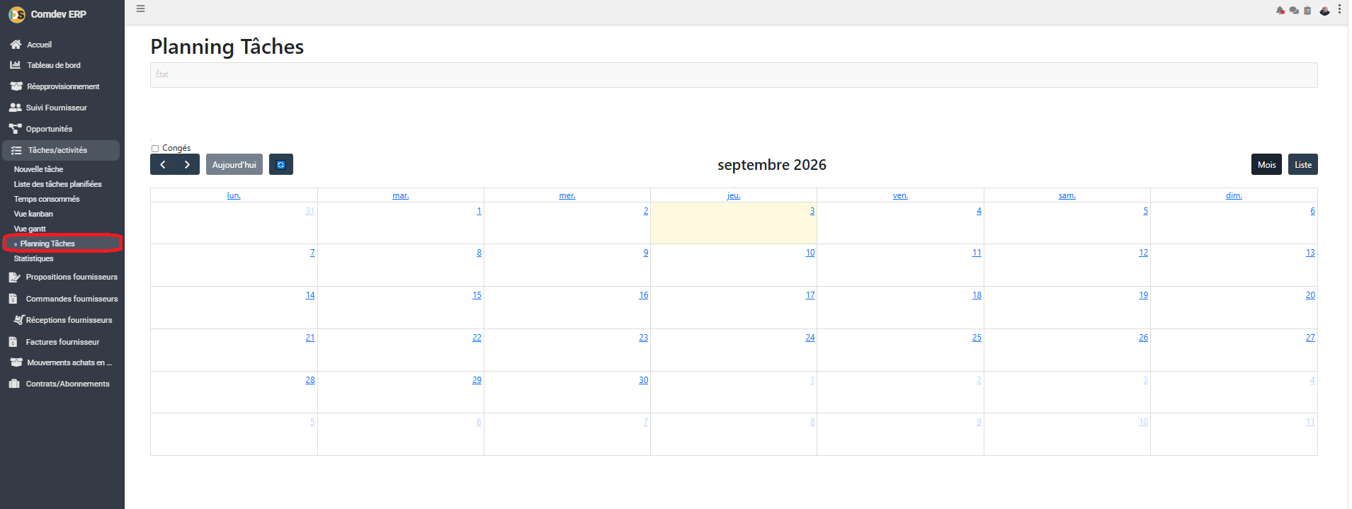 Interface Planning Tâches Comdev ERP