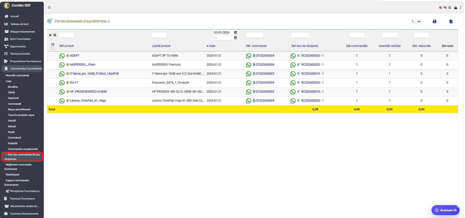 Interface État des commandes lié aux réceptions Comdev ERP