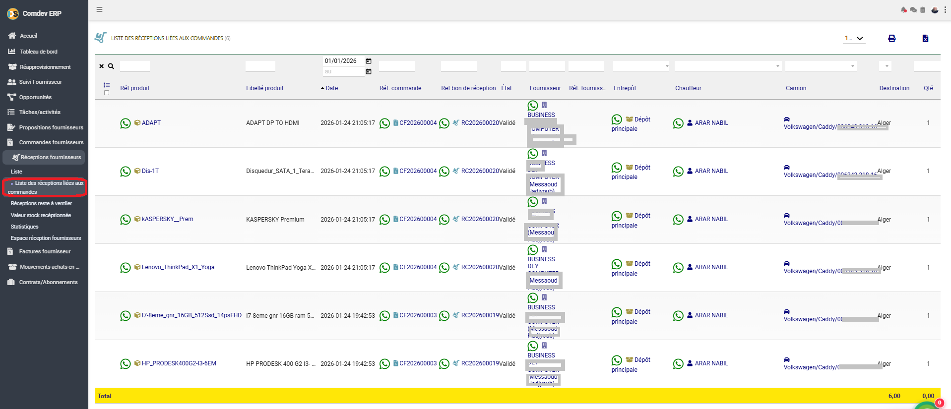 Interface Liste des Réceptions Liées aux Commandes Comdev ERP