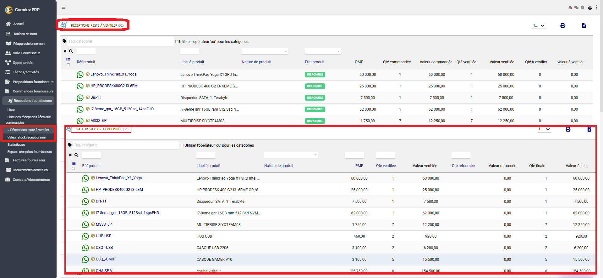 Interface Réceptions Reste à Ventiler et Valeur Stock Réceptionnée Comdev ERP