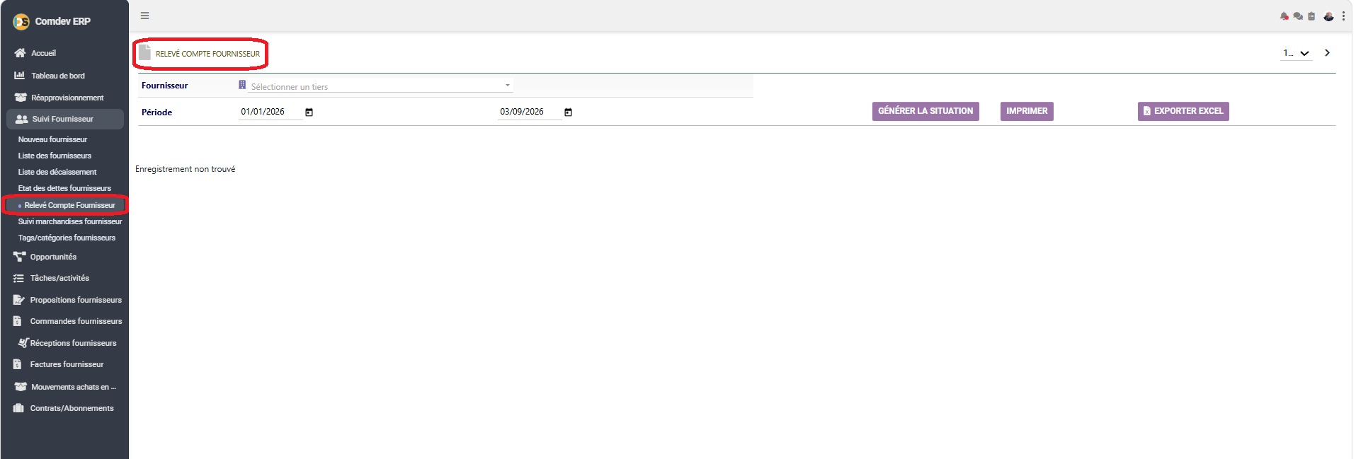 Interface Relevé Compte Fournisseur Comdev ERP