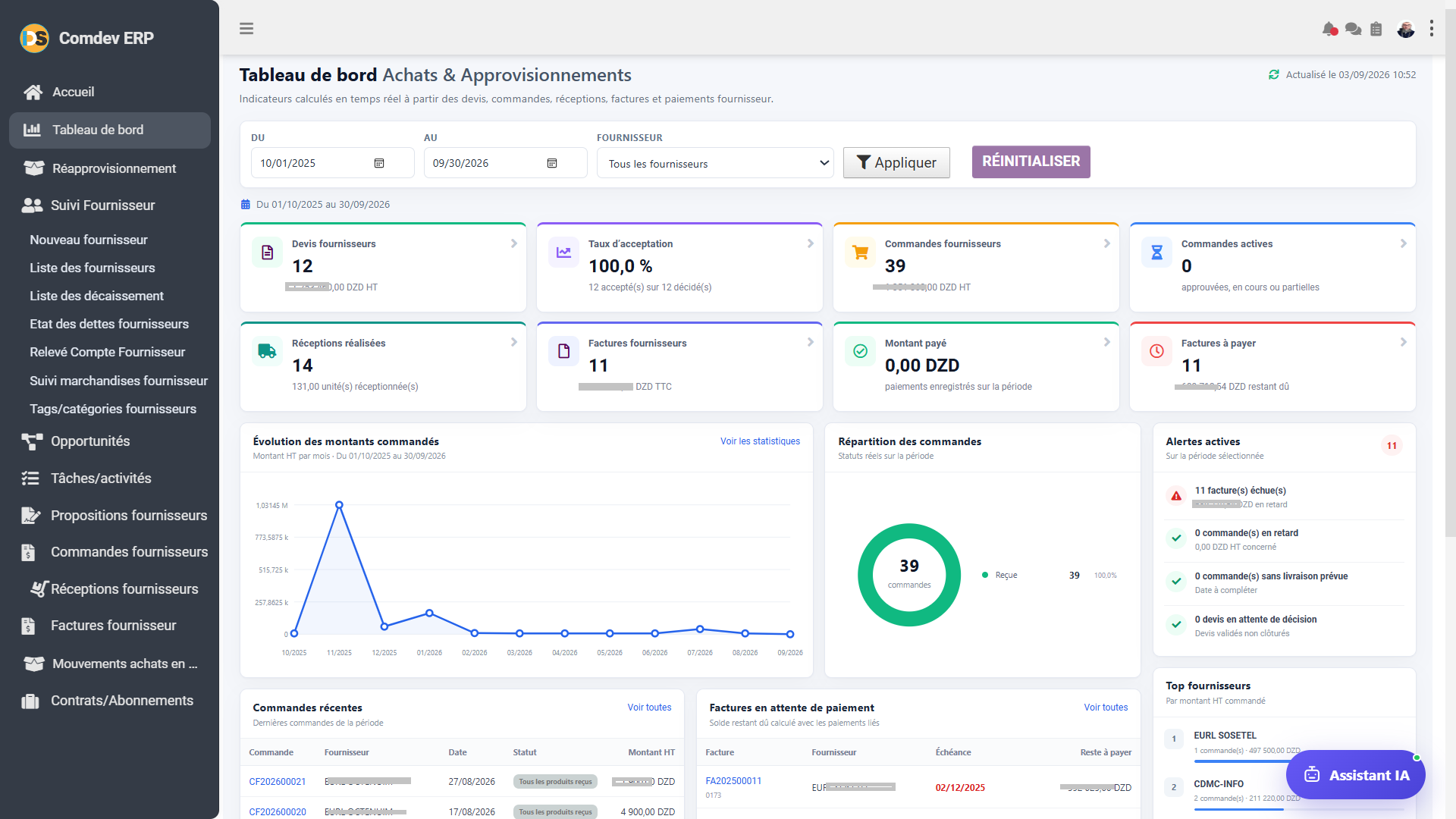 Interface Tableau de Bord Achats Comdev ERP