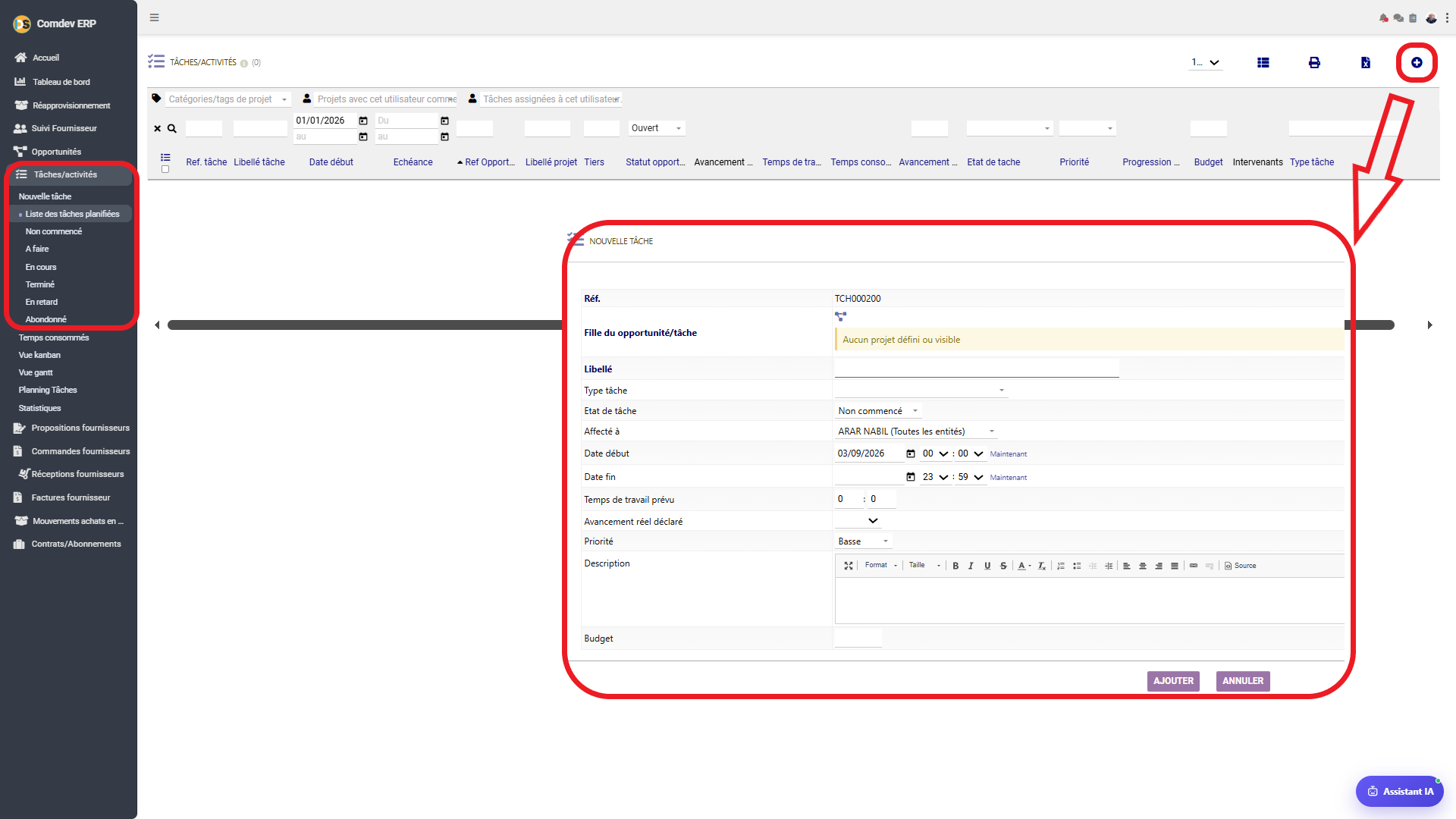Interface Tâches et Activités Comdev ERP