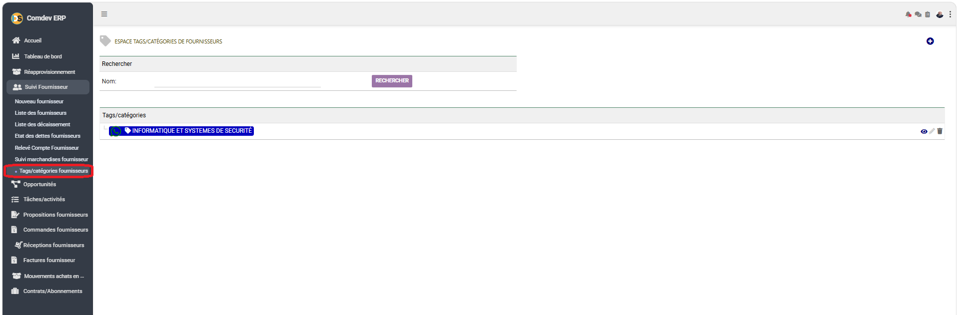 Interface Espace Tags Catégories Fournisseurs Comdev ERP