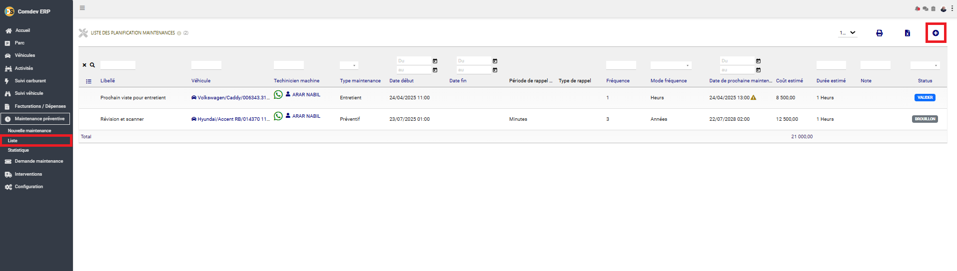 Liste des planifications maintenances Comdev ERP