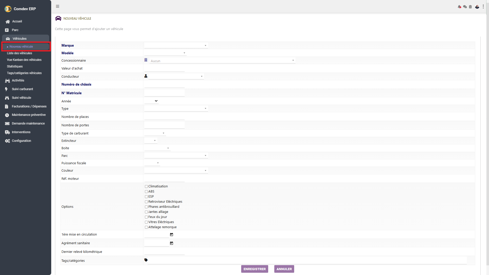 Création d'un nouveau véhicule Comdev ERP