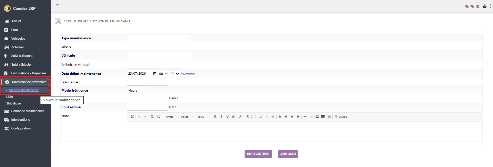 Ajouter une planification du maintenance Comdev ERP