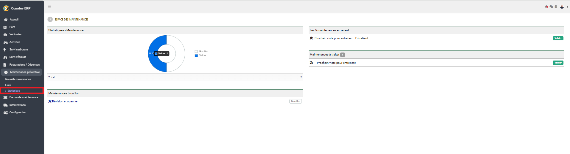 Espace des maintenances statistique Comdev ERP