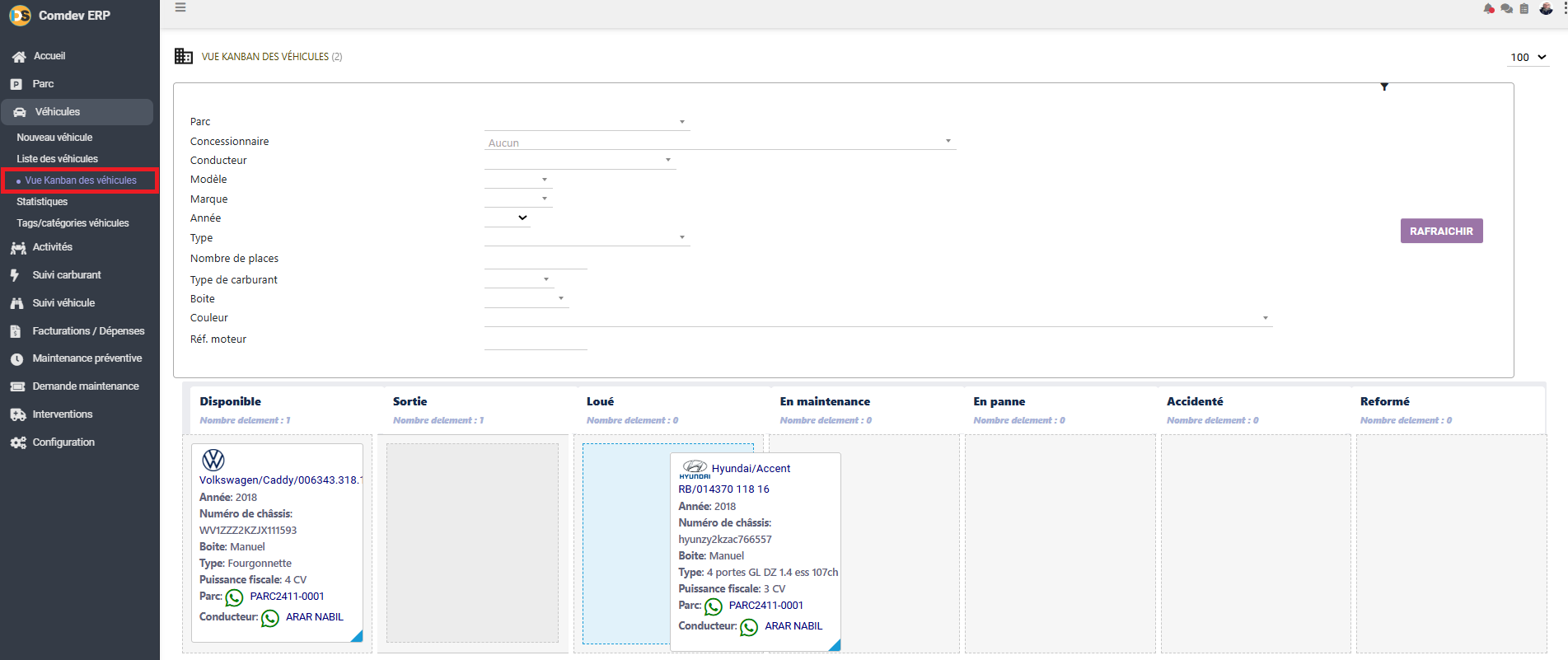 Vue Kanban des véhicules Comdev ERP