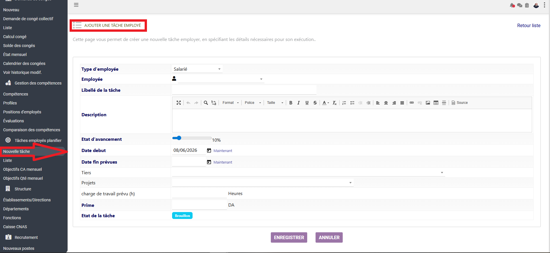 Interface Ajouter une tâche employé