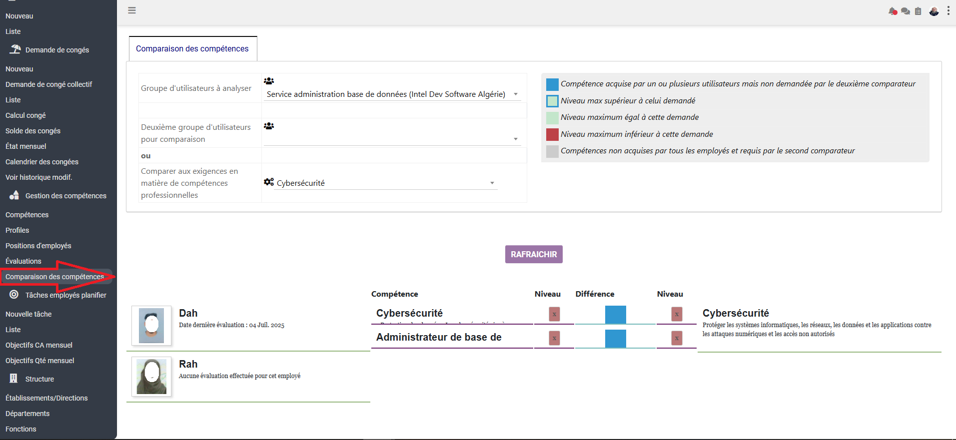Interface Comparaison des compétences