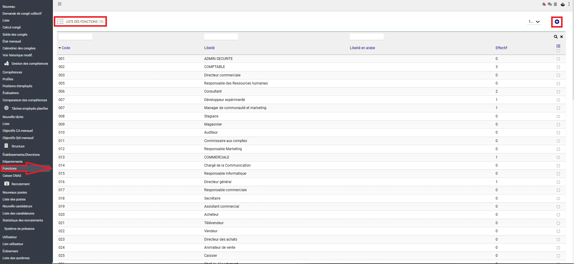 Tableau de bord de la liste des fonctions