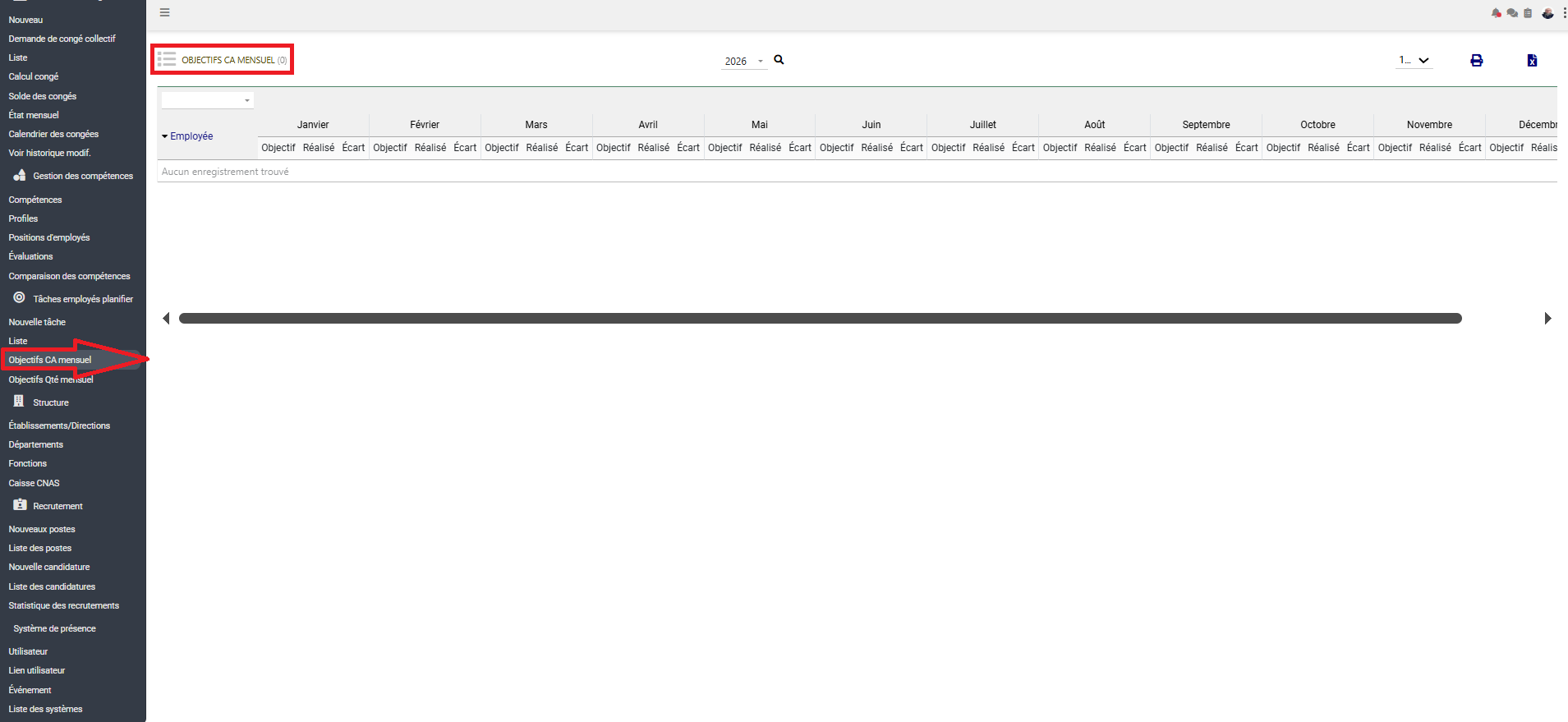 Interface Objectifs CA Mensuel