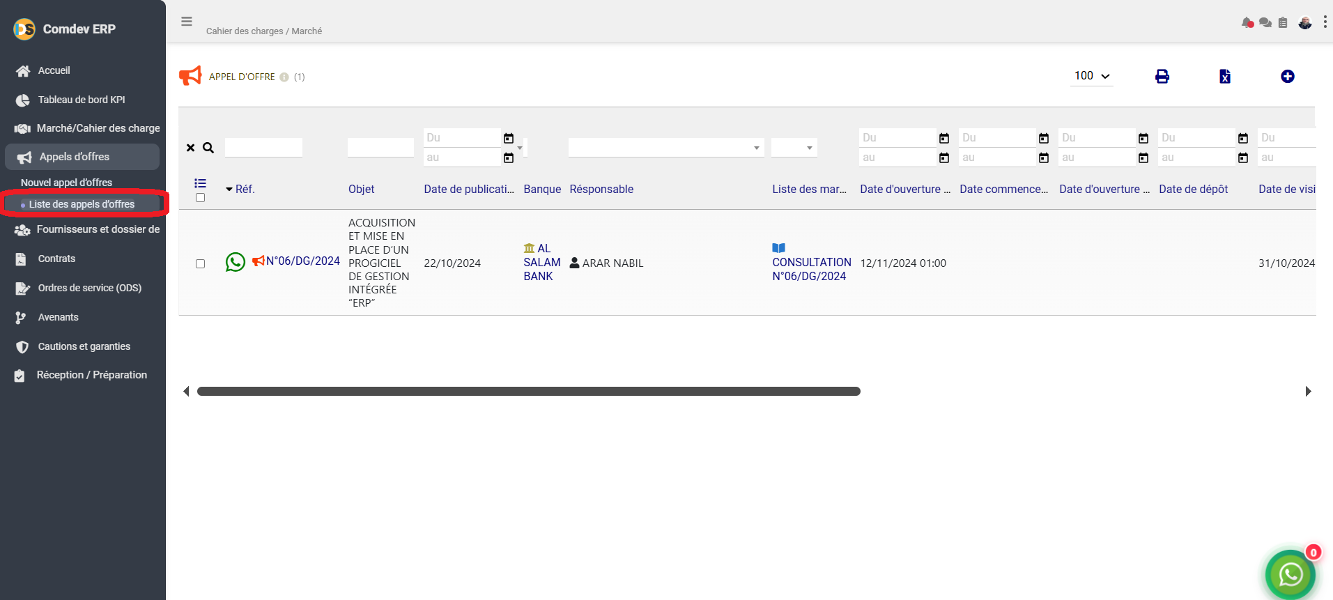 Interface Liste des appels d'offres Comdev ERP