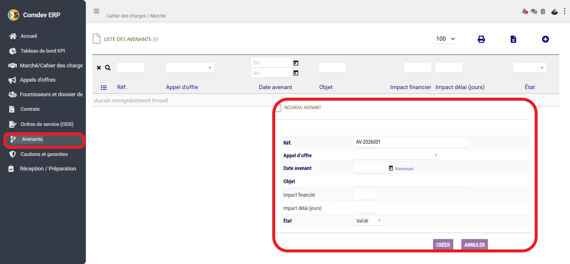 Interface Nouveau Avenant Comdev ERP