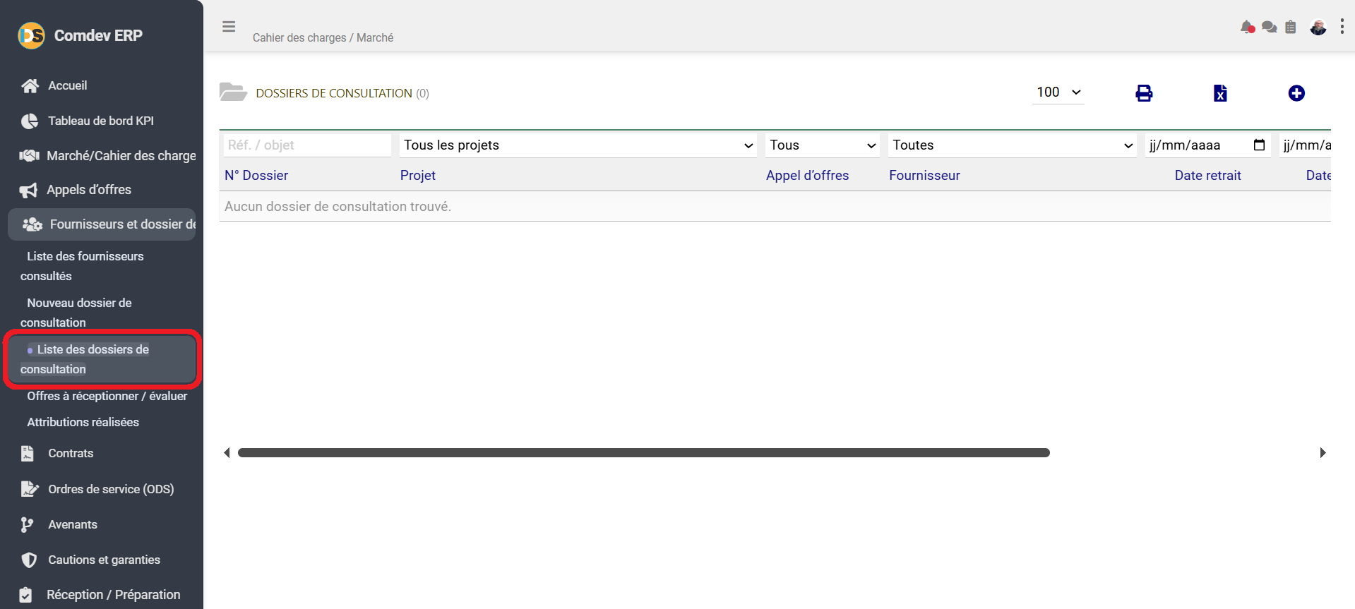 Interface Liste des dossiers de consultation Comdev ERP