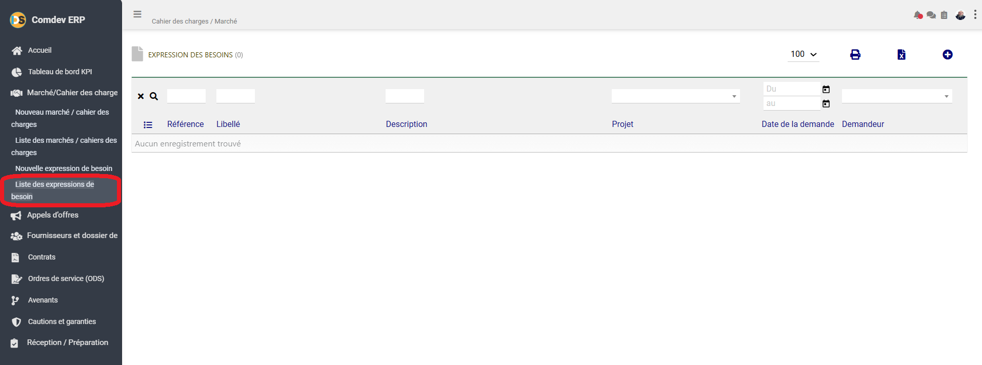 Interface Liste des expressions de besoin Comdev ERP