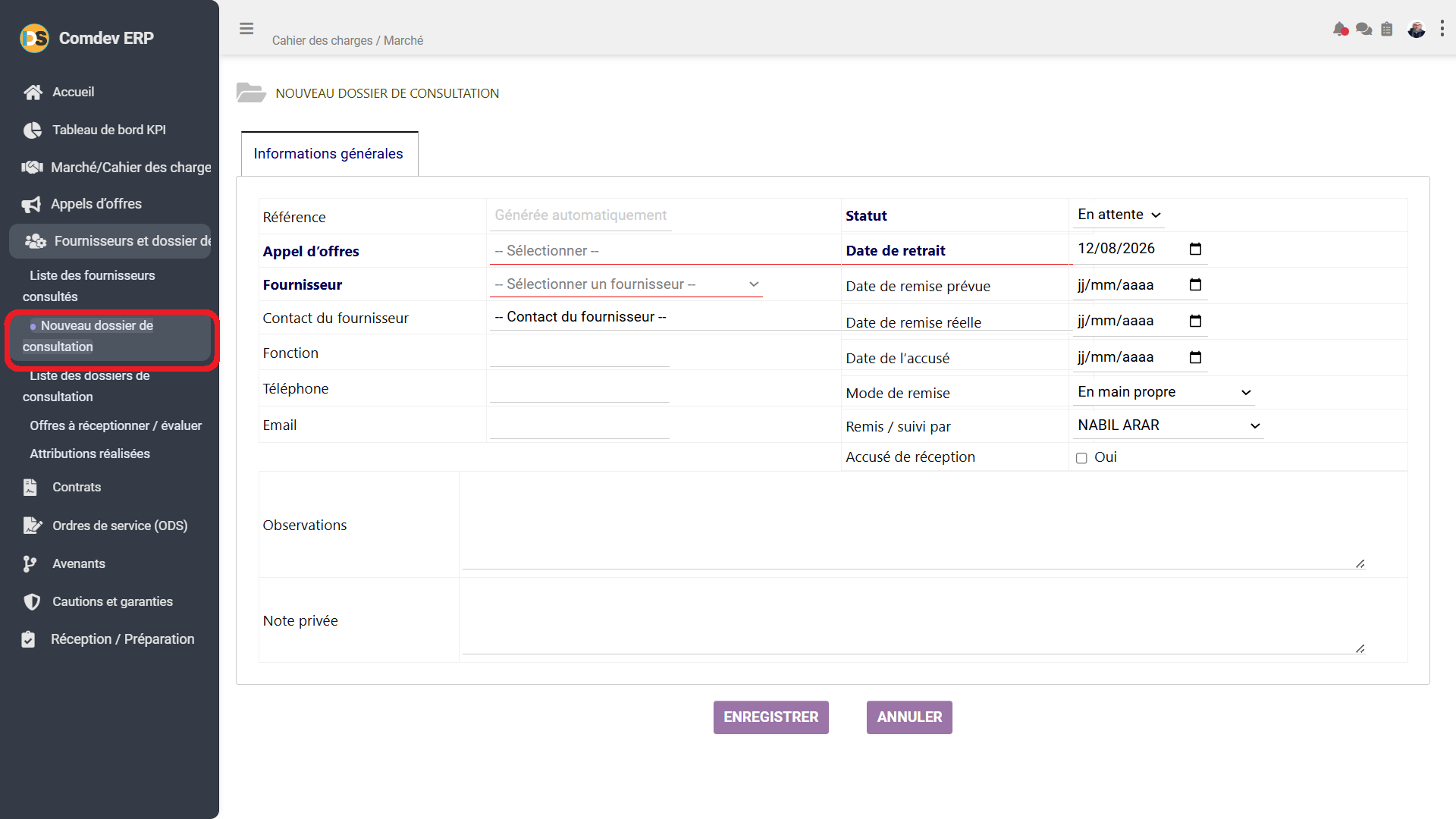 Interface Nouveau Dossier de Consultation Comdev ERP