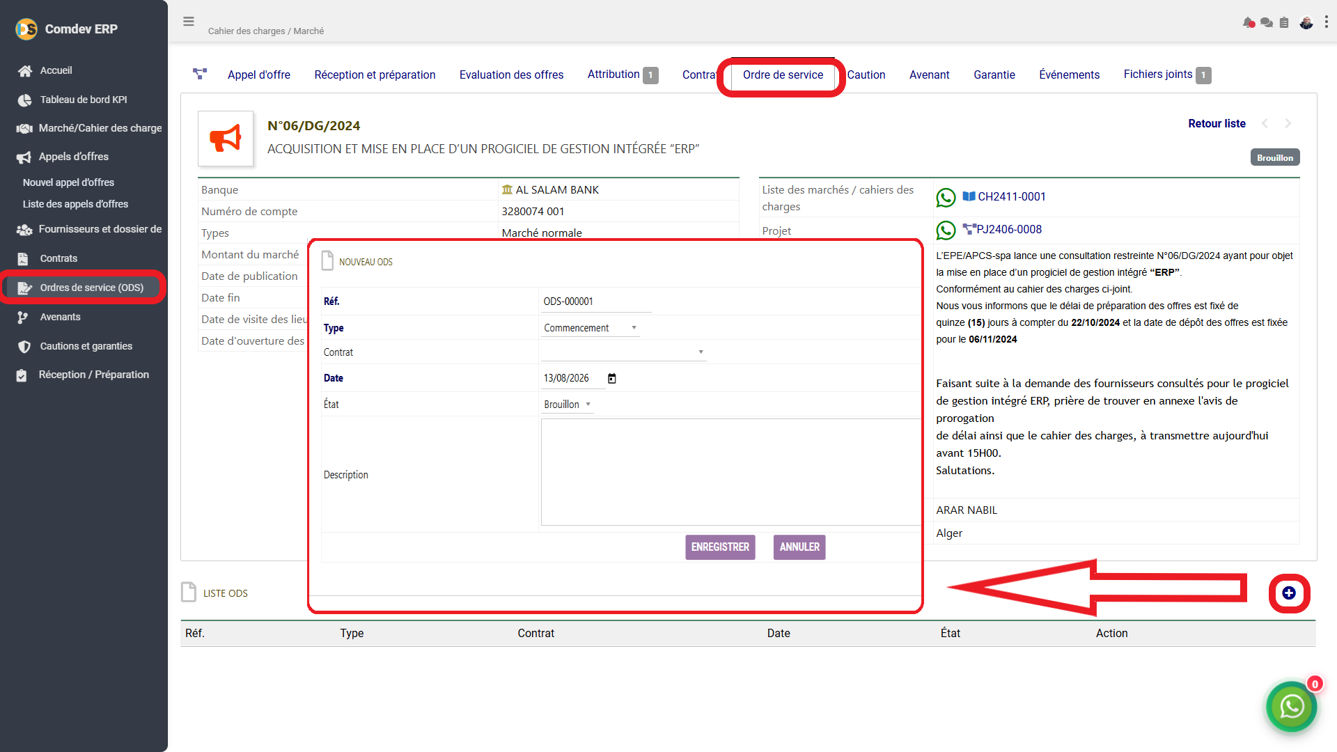 Interface de gestion des Ordres de Service Comdev ERP