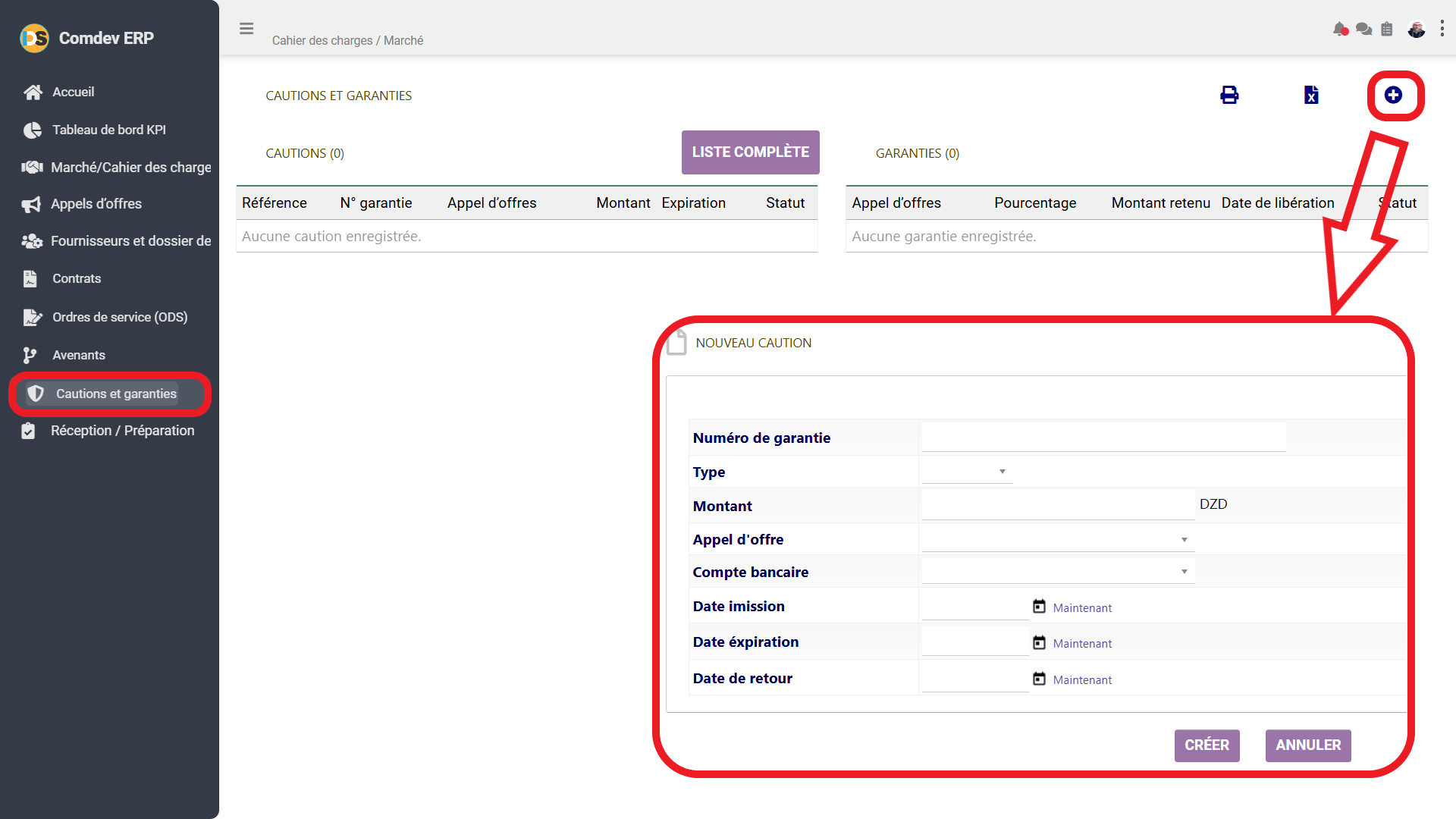 Interface Cautions et Garanties Comdev ERP