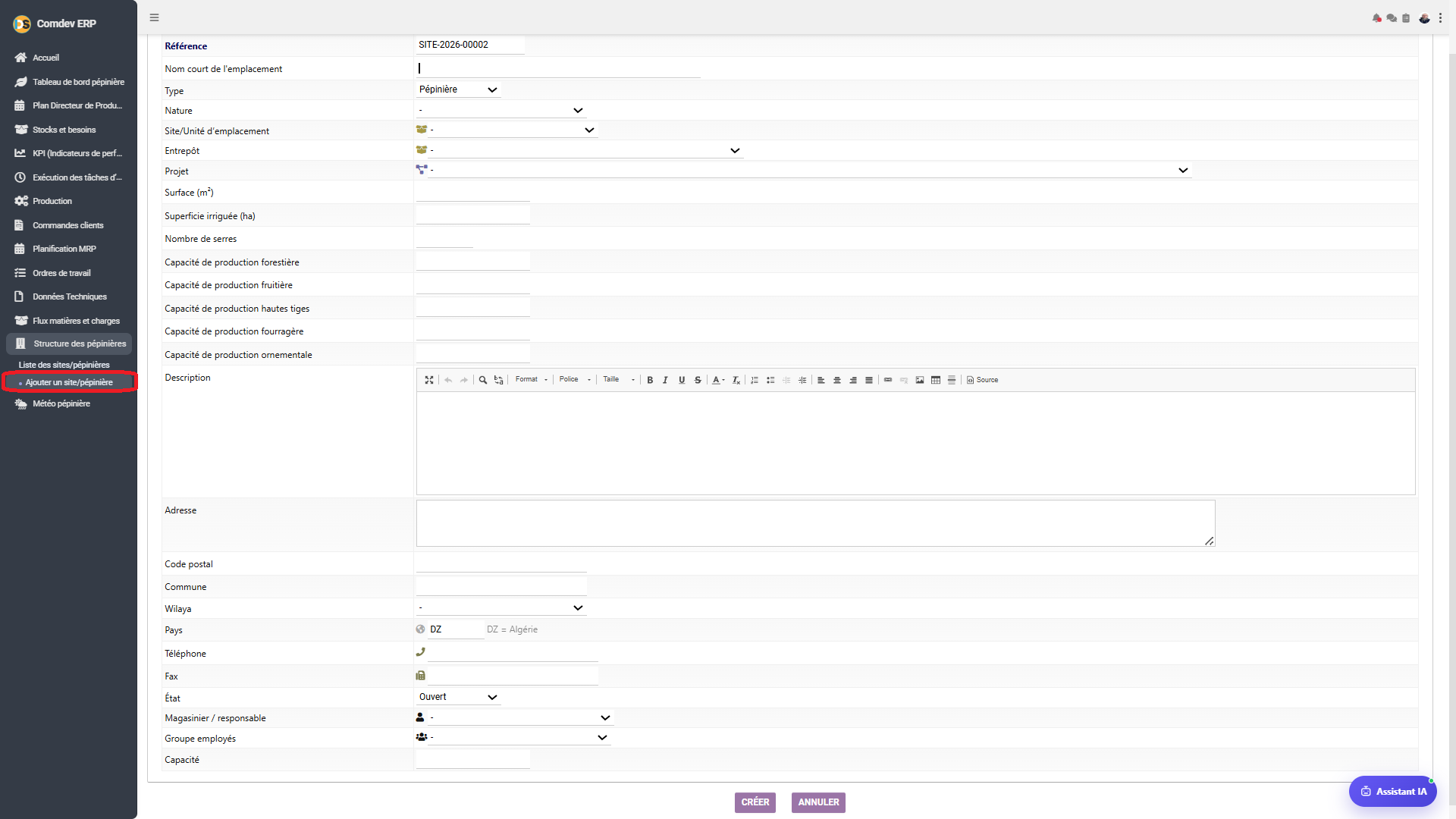 Interface Ajouter un site pépinière Comdev ERP