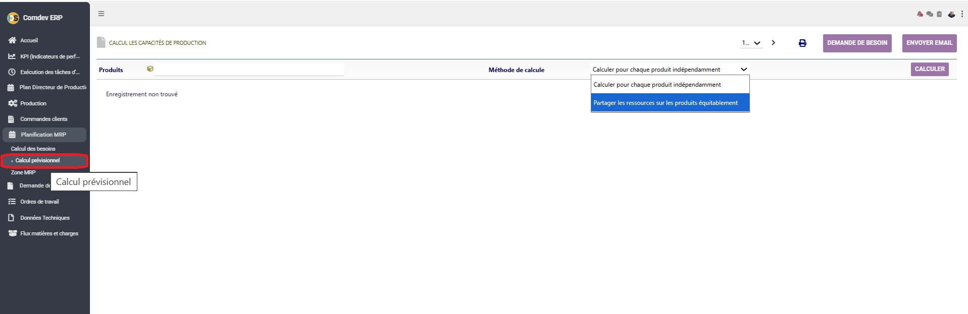 Interface Calcul Prévisionnel Comdev ERP