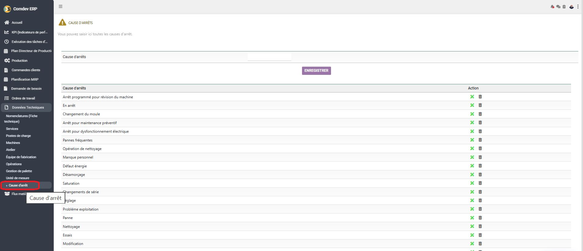Interface Cause d'arrêt Comdev ERP