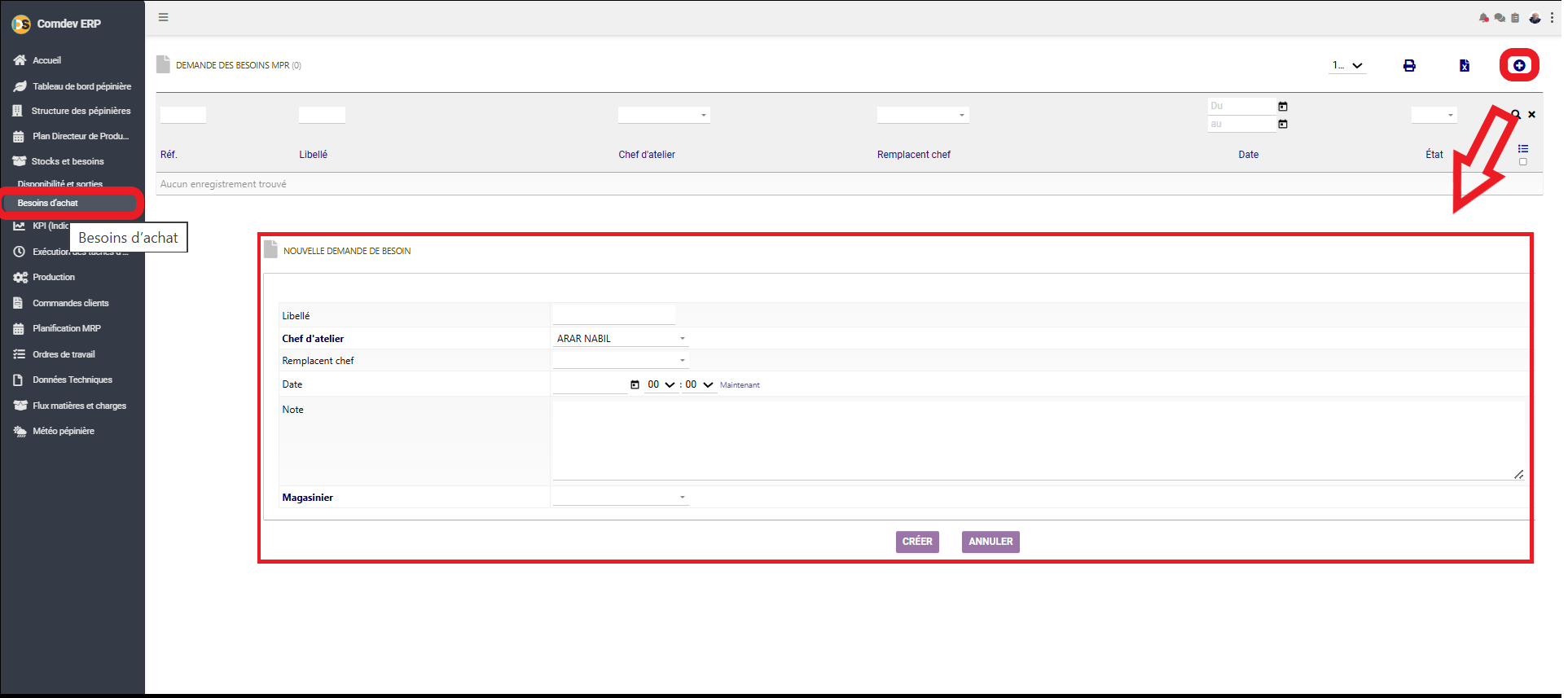 Interface de création d'une Demande de Besoin d'Achat Comdev ERP