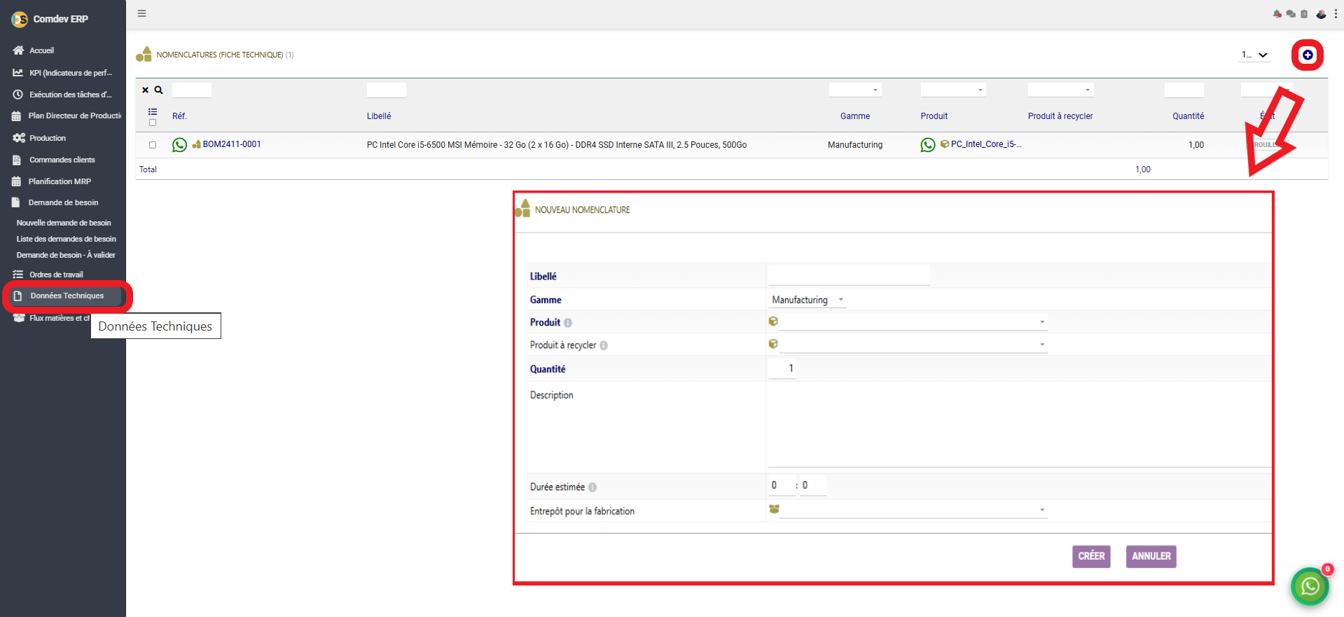 Interface Données Techniques Nomenclatures Comdev ERP