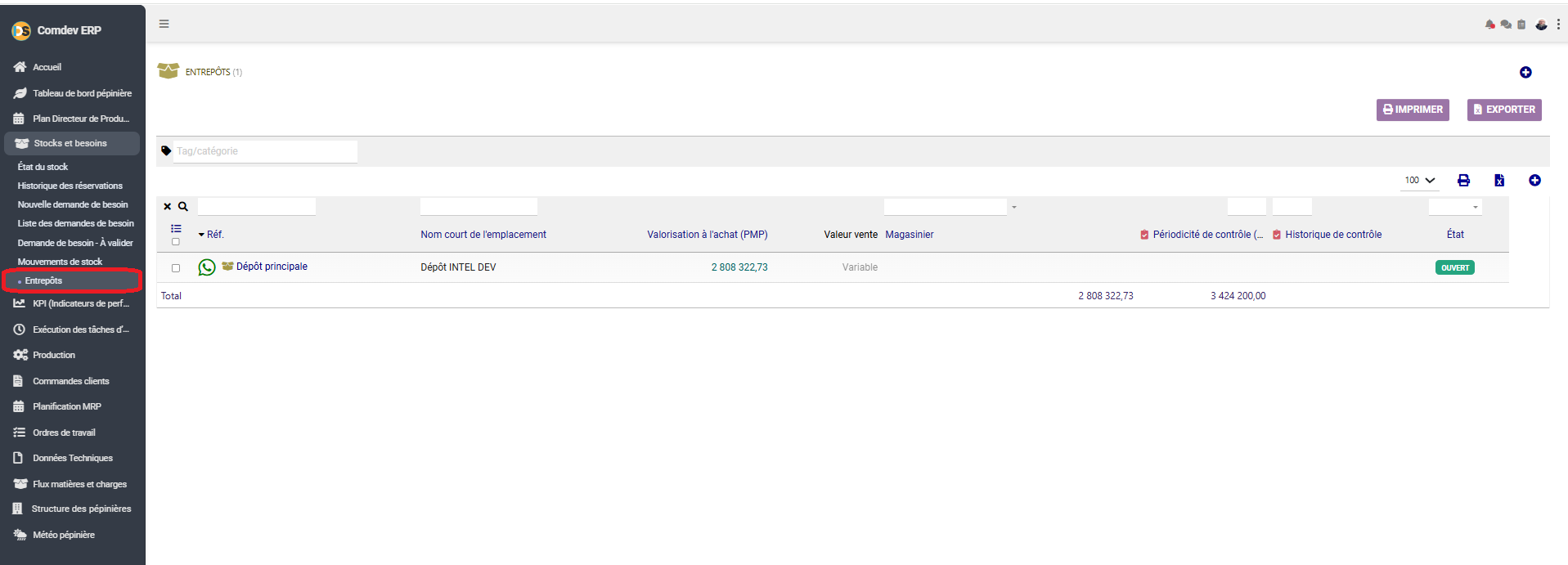Interface Gestion des entrepôts Comdev ERP