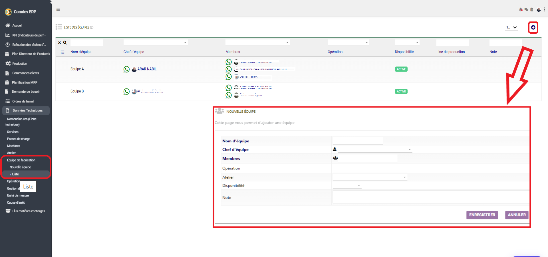 Interface Liste des Équipes de Fabrication Comdev ERP