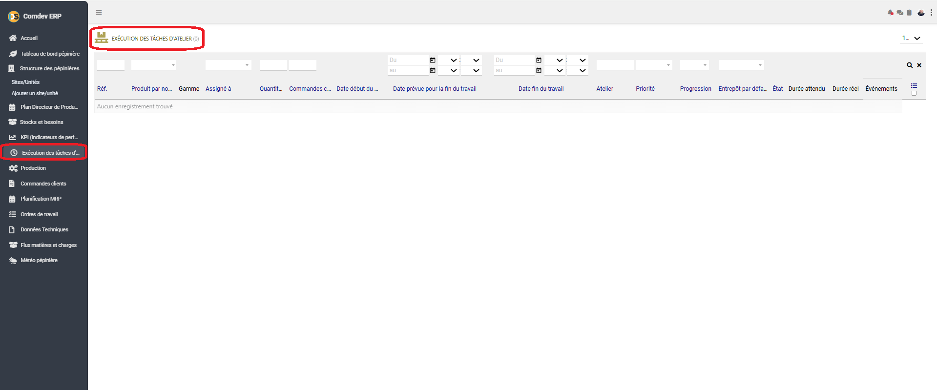 Interface Exécution des Tâches d'Atelier Comdev ERP