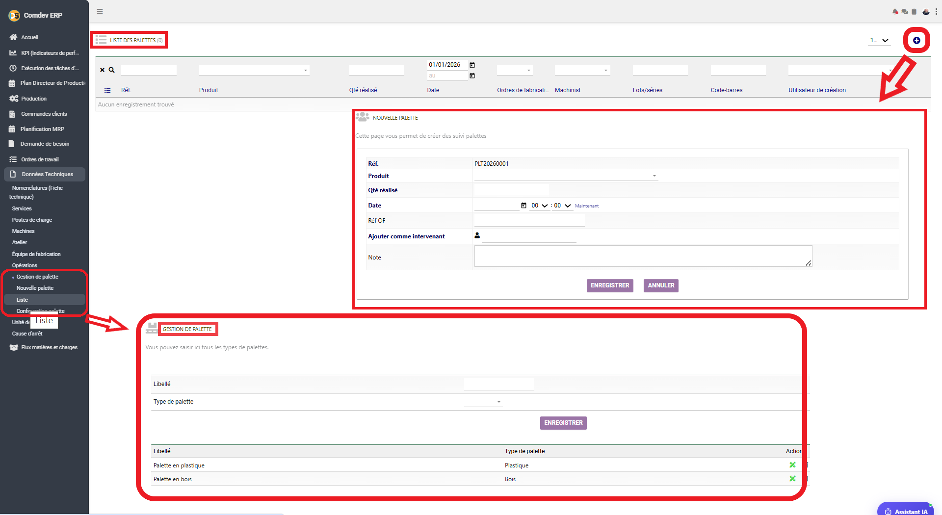 Interface Gestion de Palette Comdev ERP