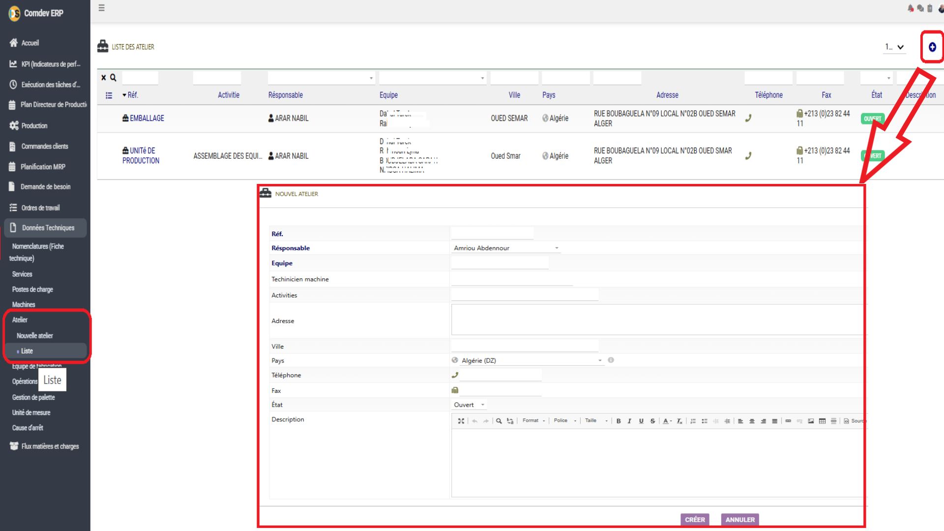 Interface Gestion des Ateliers Comdev ERP