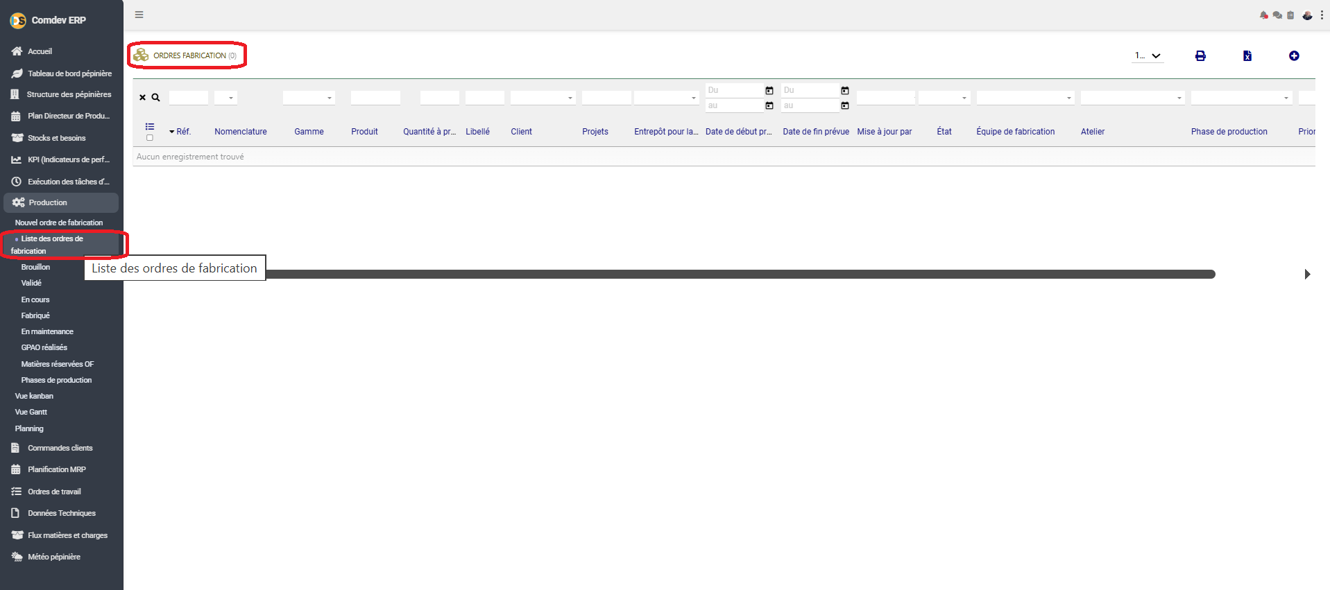 Interface Liste des Ordres de Fabrication Comdev ERP