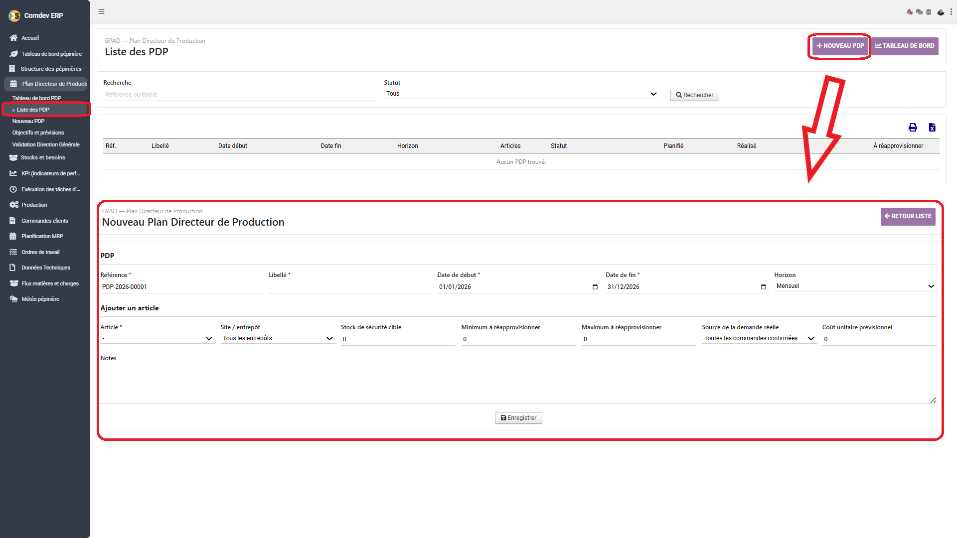 Interface de création et liste de Plan Directeur de Production Comdev ERP