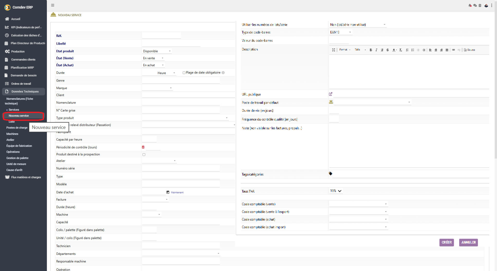 Interface Nouveau Service Comdev ERP