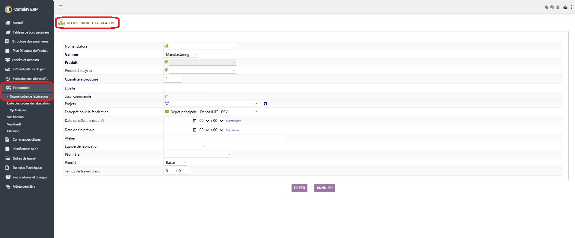 Interface Nouvel Ordre de Fabrication Comdev ERP