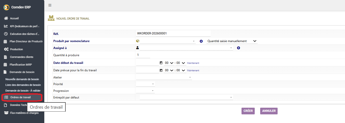 Interface Nouvel Ordre de Travail Comdev ERP