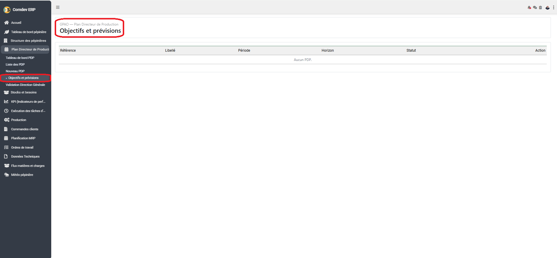 Interface Objectifs et Prévisions Comdev ERP