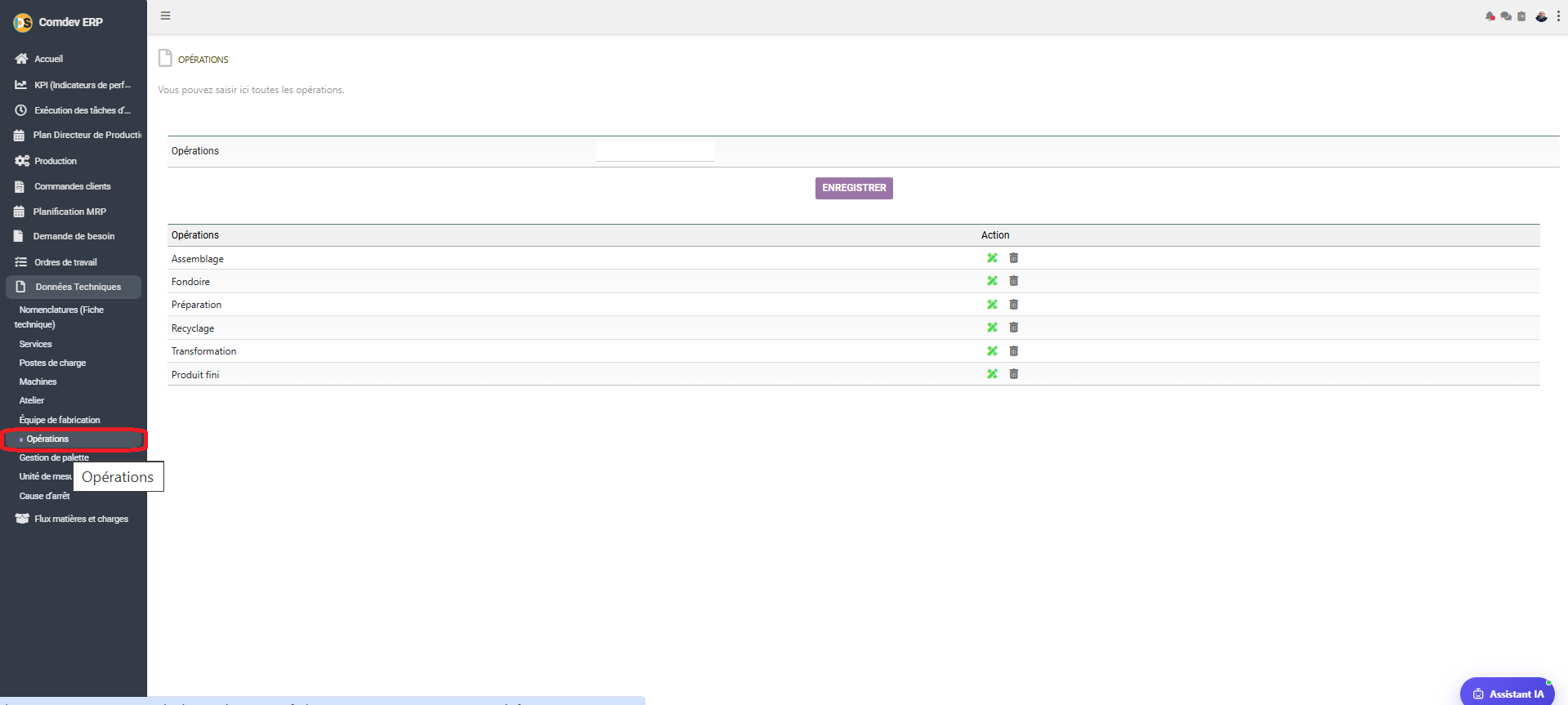 Interface Opérations Comdev ERP