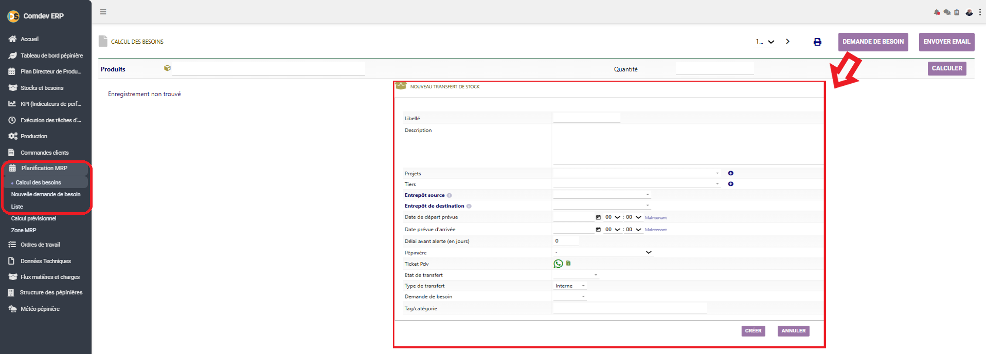Interface Planification MRP Comdev ERP