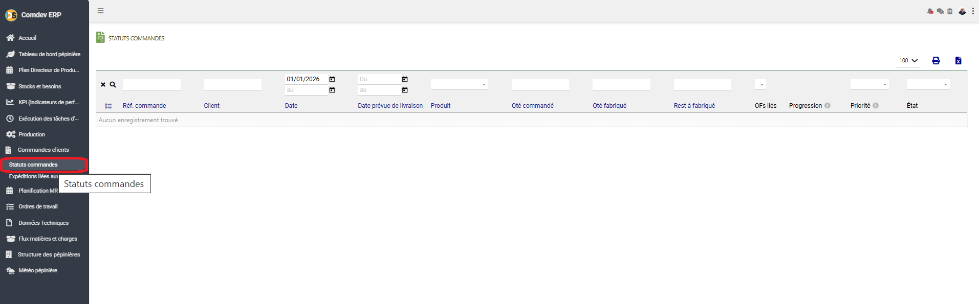 Interface Statuts commandes Comdev ERP