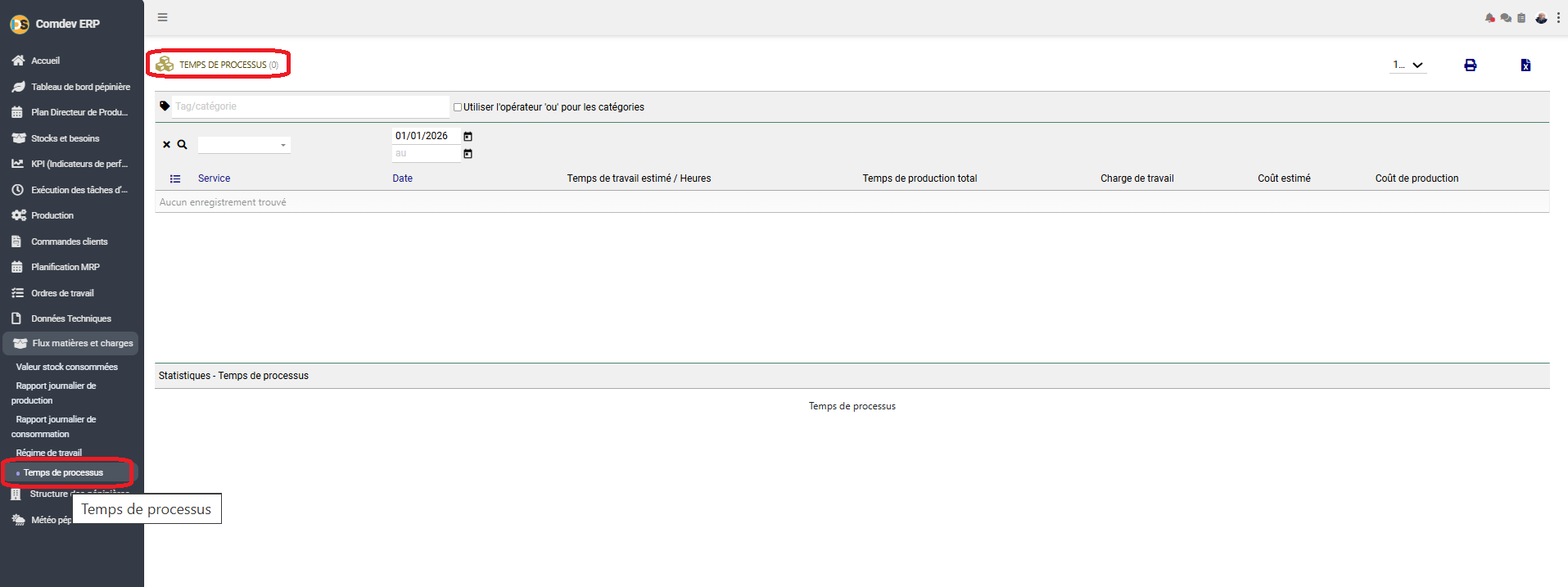 Interface Temps de processus Comdev ERP