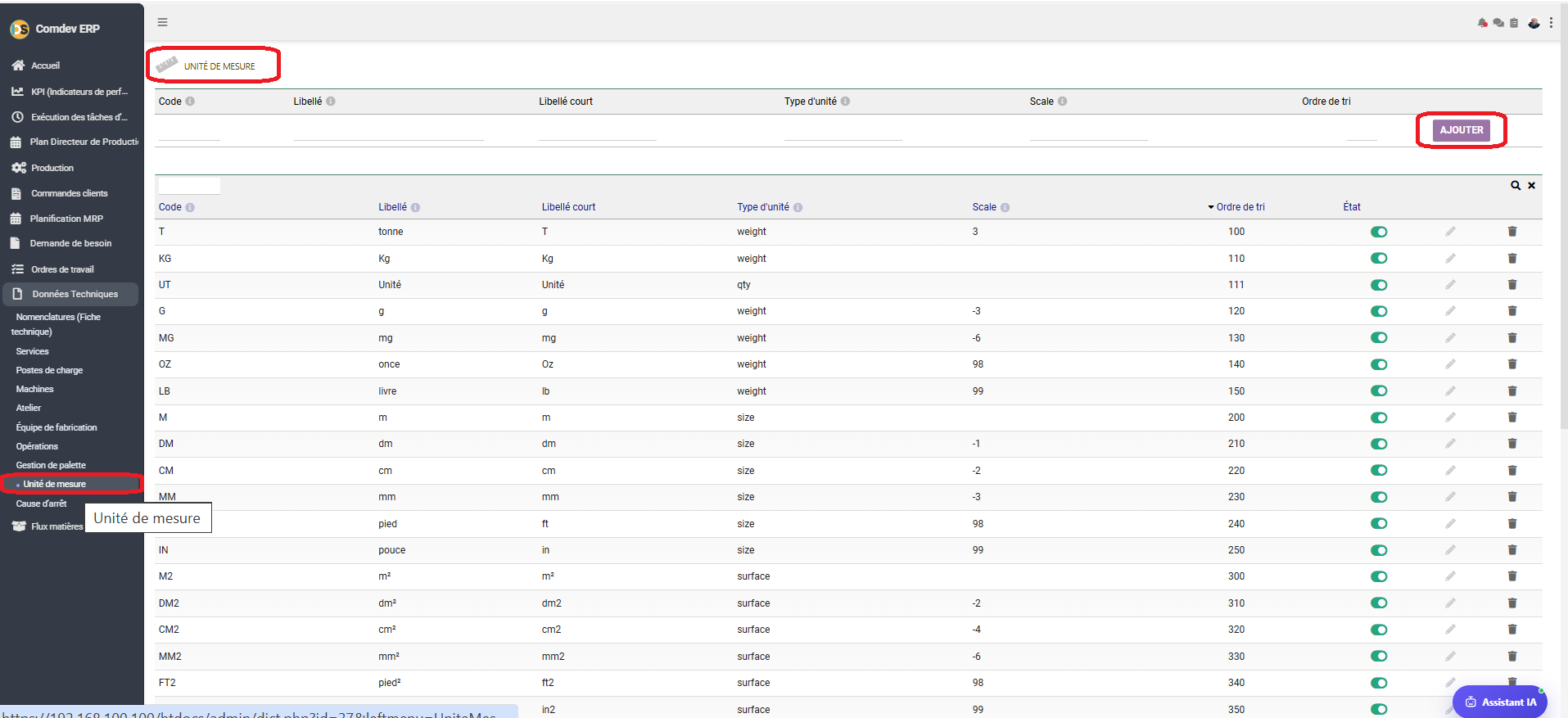 Interface Unités de Mesure Comdev ERP